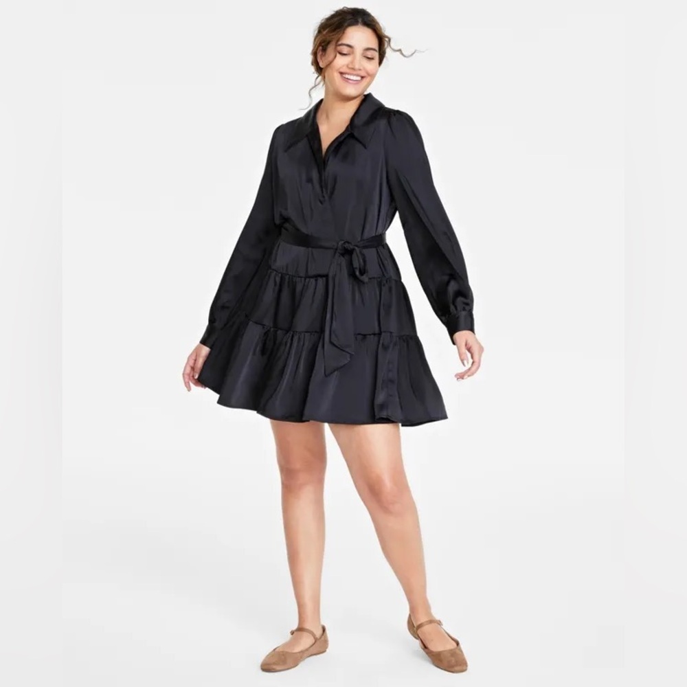Chic On 34th Macy’s Women’s Black Satin Collared Wrap Dress W/ Tie Belt Size 12